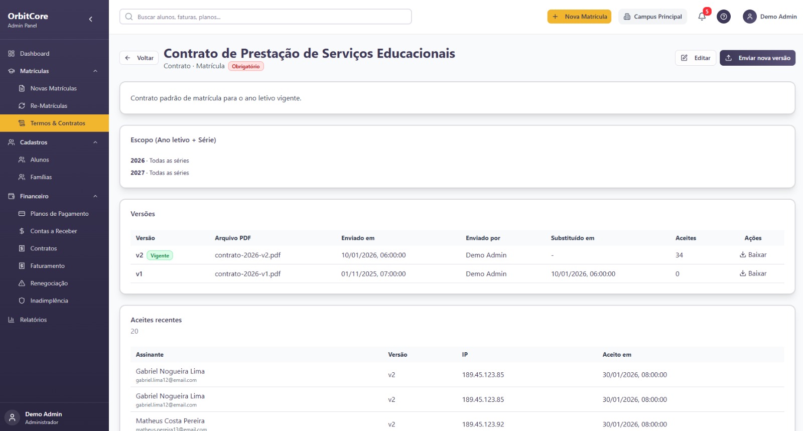 Contrato digital gerado pelo Orbit Core com campos dinâmicos e assinatura pendente.